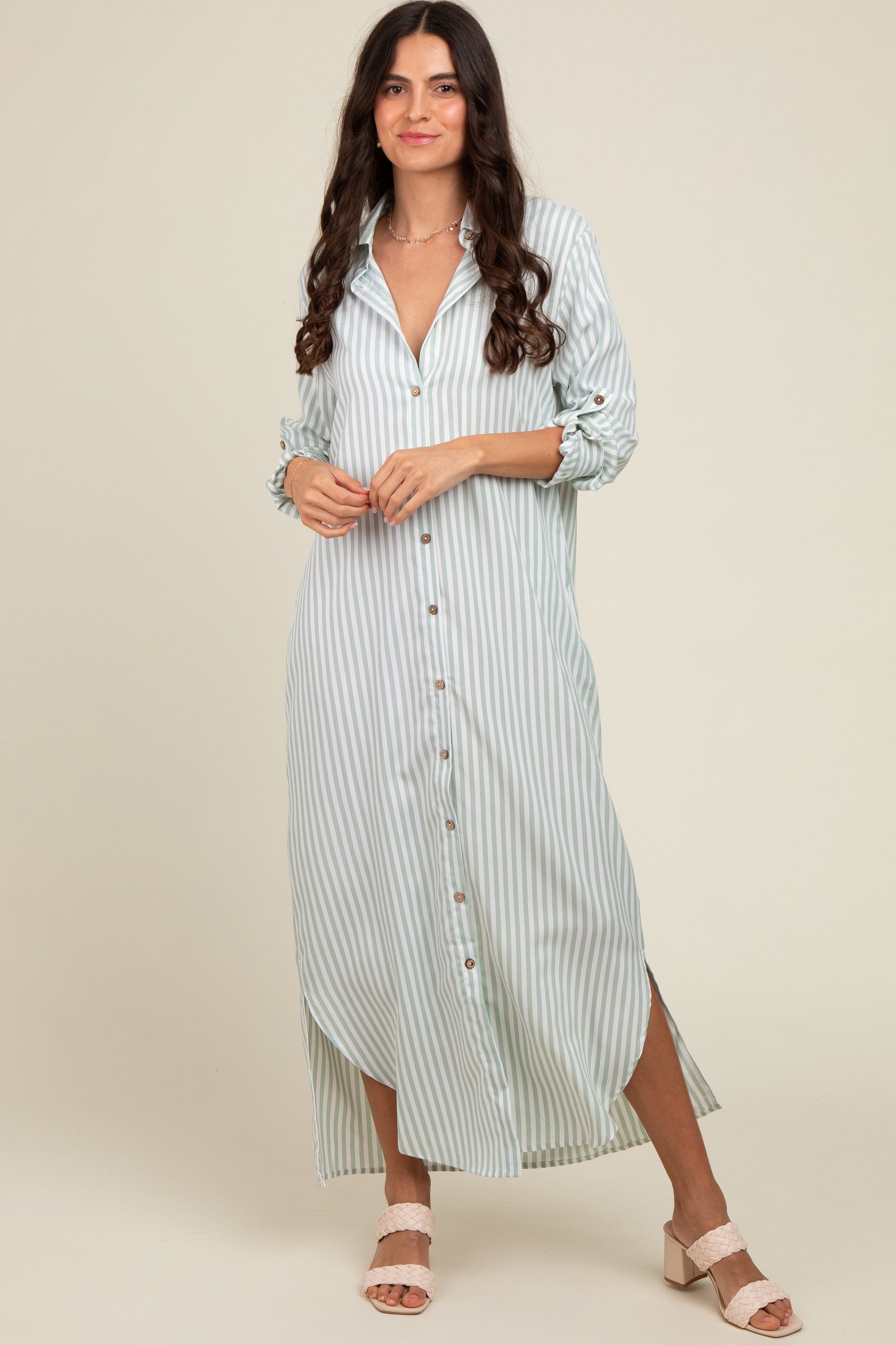 PinkBlush Light Olive Striped Button Down Maternity Maxi DressEveretts Place