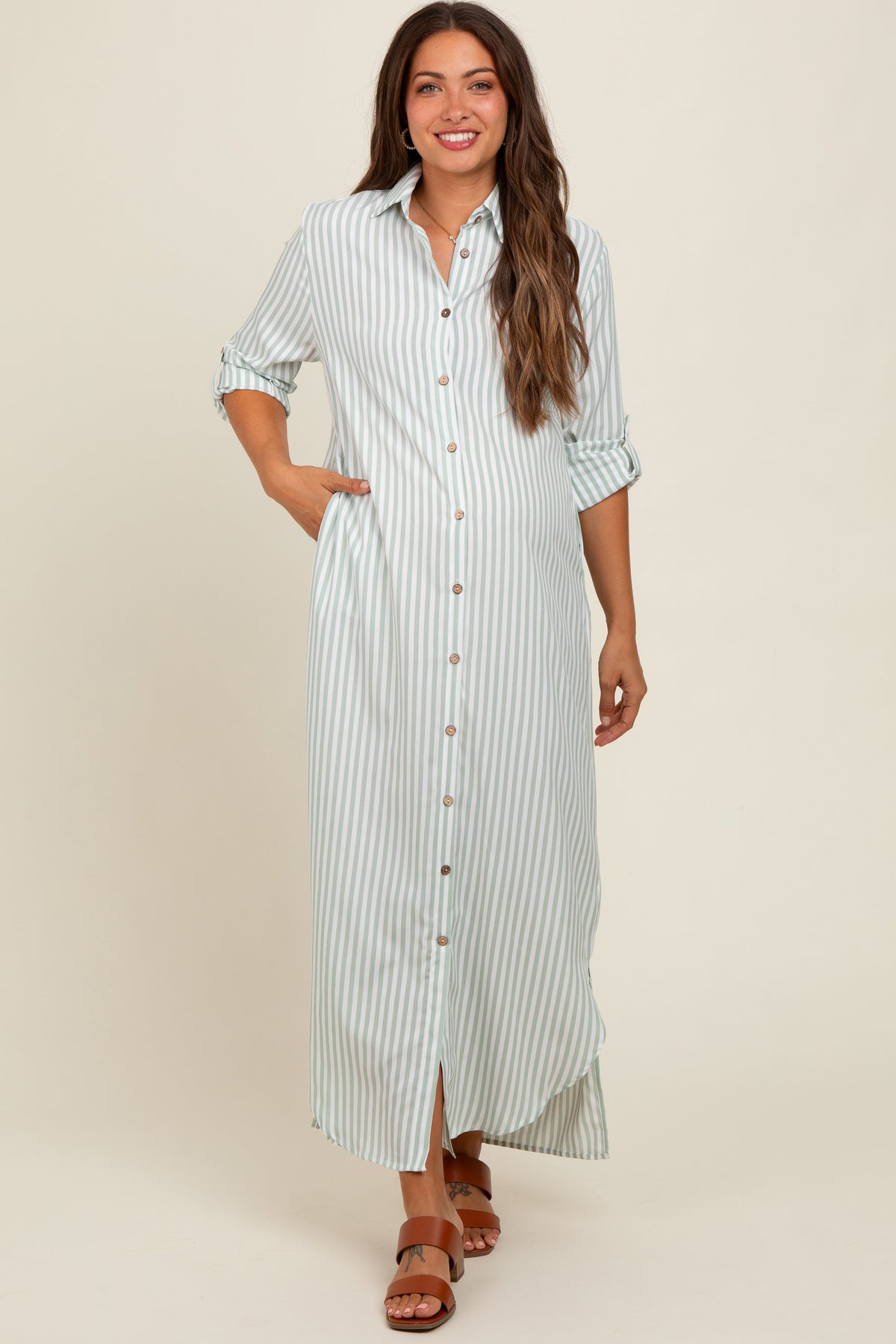 PinkBlush Light Olive Striped Button Down Maternity Maxi DressEveretts Place