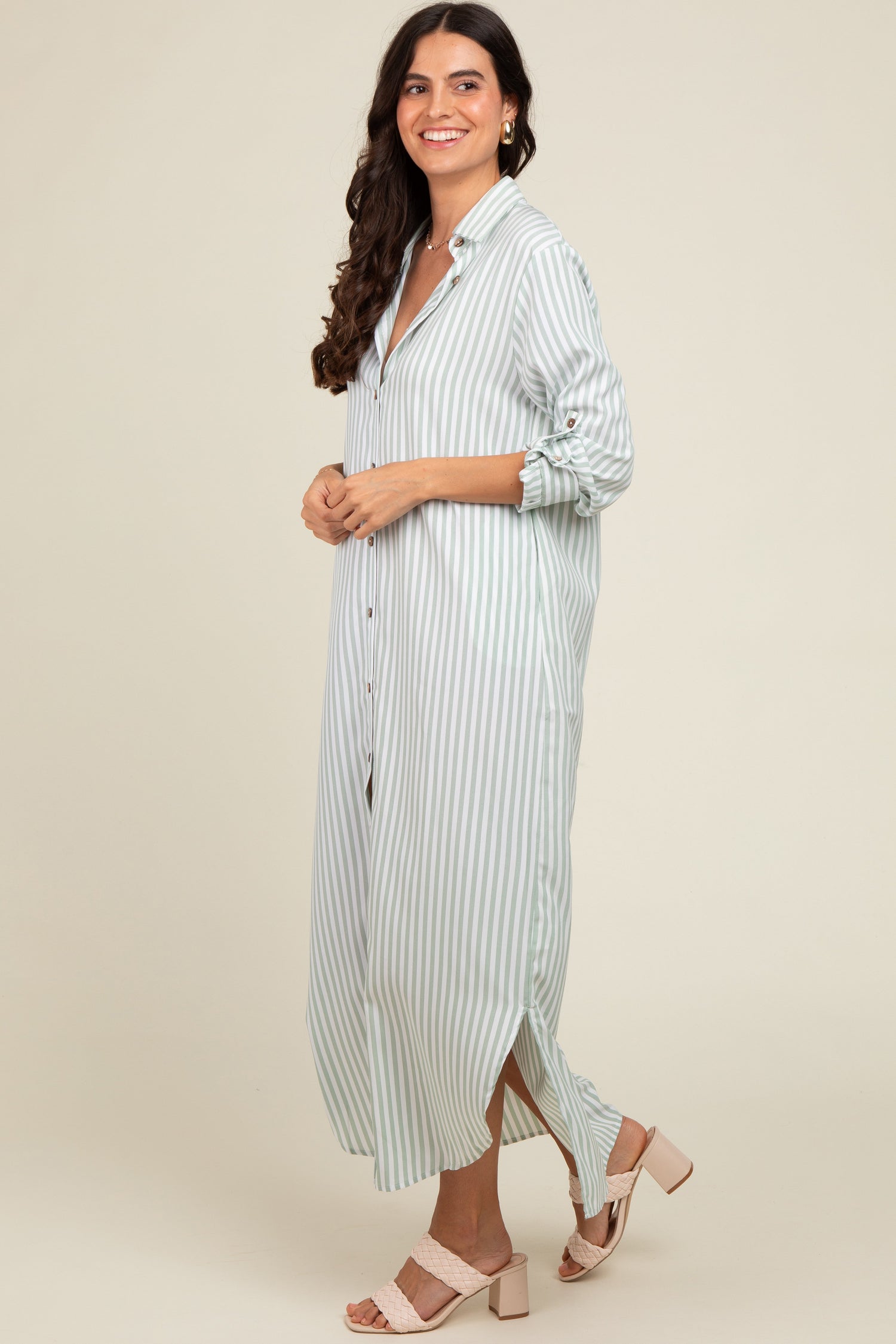 PinkBlush Light Olive Striped Button Down Maxi DressEveretts Place
