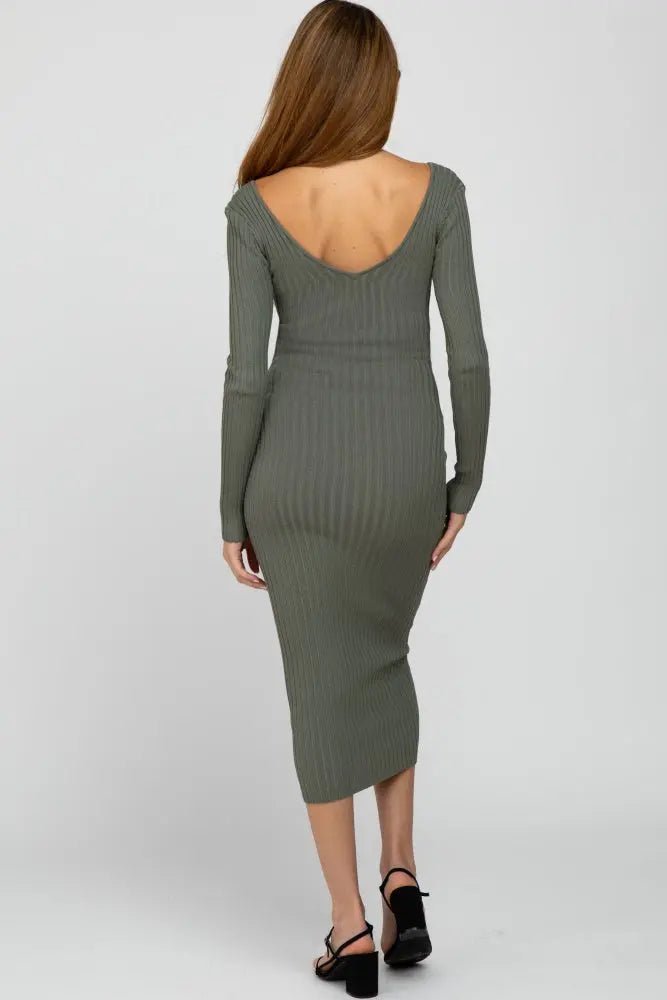 PinkBlush Light Olive V - Neck Long Sleeve Fitted Maternity Maxi Dress - 