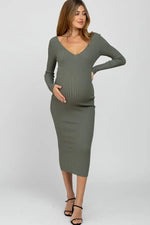 PinkBlush Light Olive V - Neck Long Sleeve Fitted Maternity Maxi Dress - 