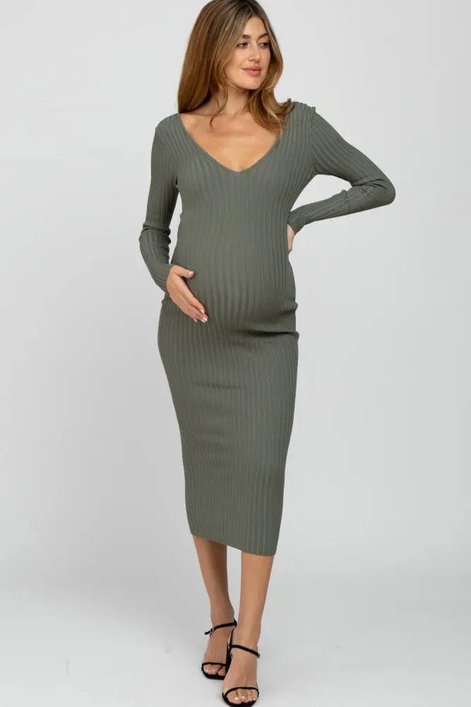 PinkBlush Light Olive V - Neck Long Sleeve Fitted Maternity Maxi Dress - 