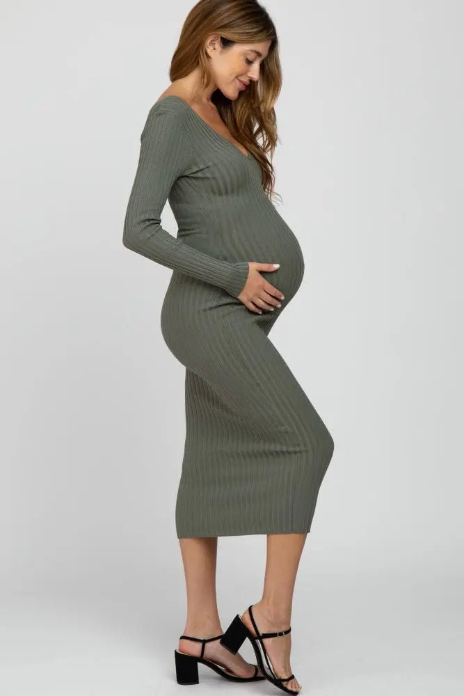 PinkBlush Light Olive V - Neck Long Sleeve Fitted Maternity Maxi Dress - 