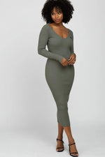 PinkBlush Light Olive V - Neck Long Sleeve Fitted Maxi Dress - 