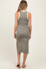 PinkBlush Light Olive/Soft White High Neck Ribbed Sleeveless Maternity Midi Dress - 