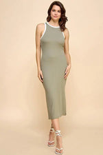 PinkBlush Light Olive/Soft White High Neck Ribbed Sleeveless Maternity Midi Dress - 