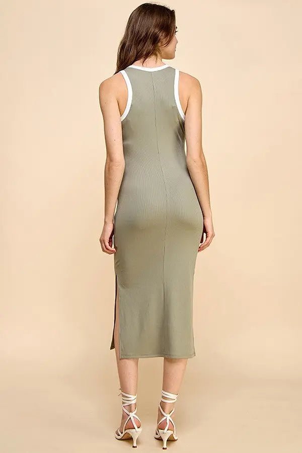 PinkBlush Light Olive/Soft White High Neck Ribbed Sleeveless Midi Dress - 