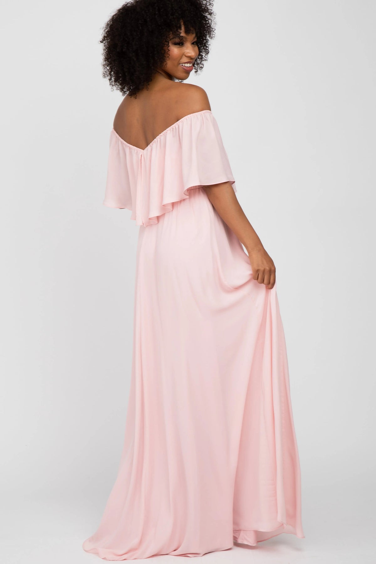 PinkBlush Light Pink Chiffon Off Shoulder Gown - 