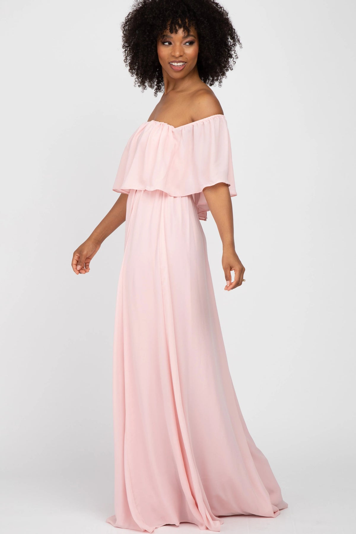 PinkBlush Light Pink Chiffon Off Shoulder Gown - 