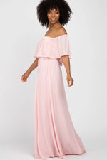 PinkBlush Light Pink Chiffon Off Shoulder Gown - 
