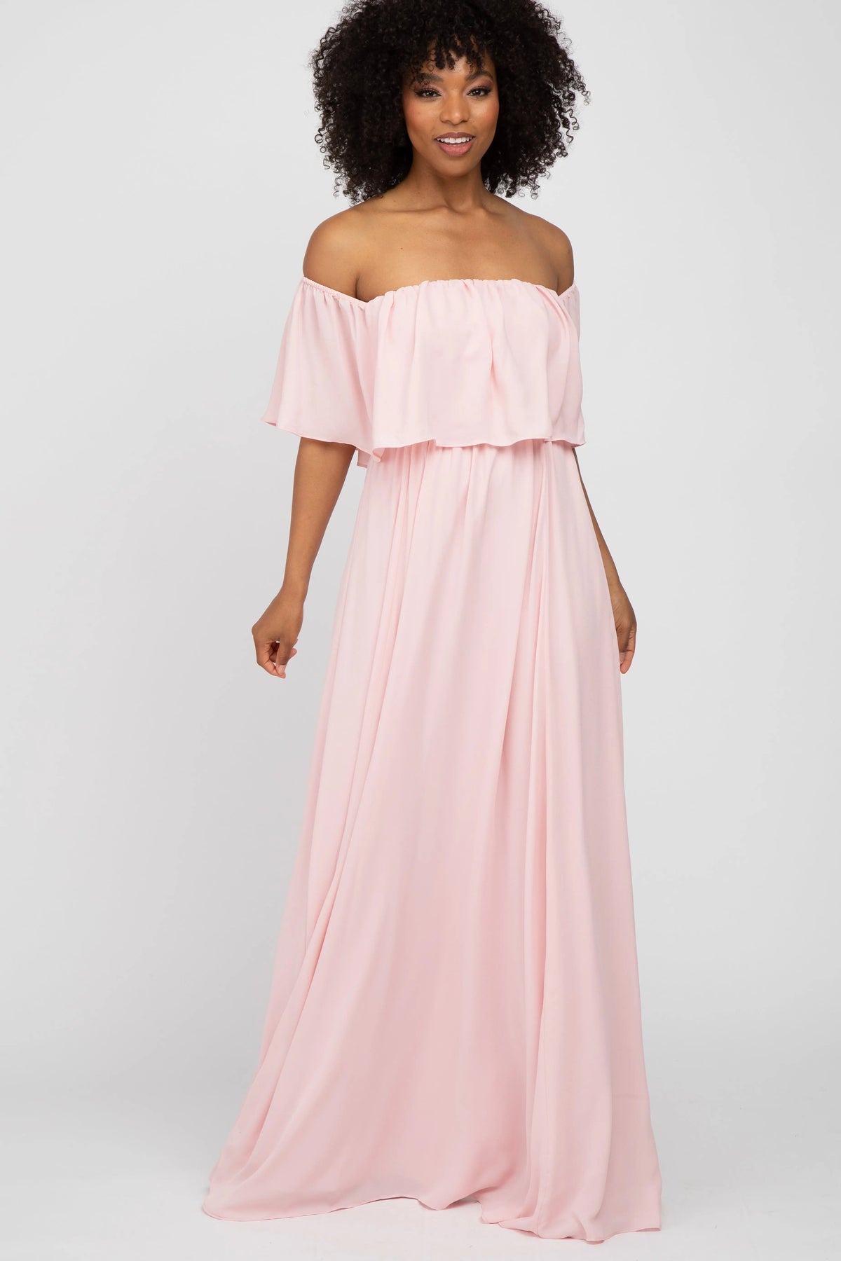 PinkBlush Light Pink Chiffon Off Shoulder Gown - 
