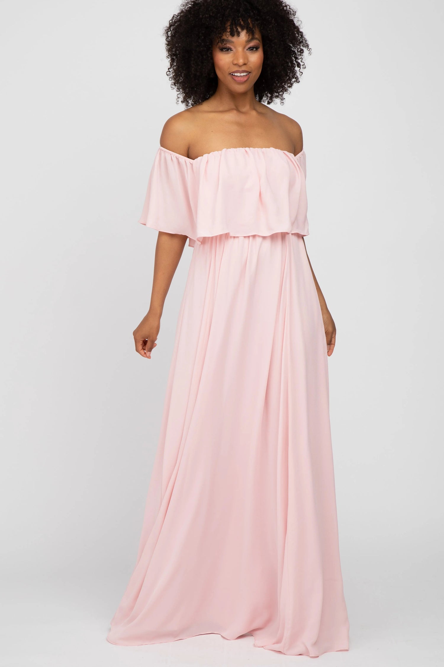 Light Pink Chiffon Off Shoulder Gown - Gown, Waist, Bridal Party Dress, One-piece garment, Day Dress | Everetts Place