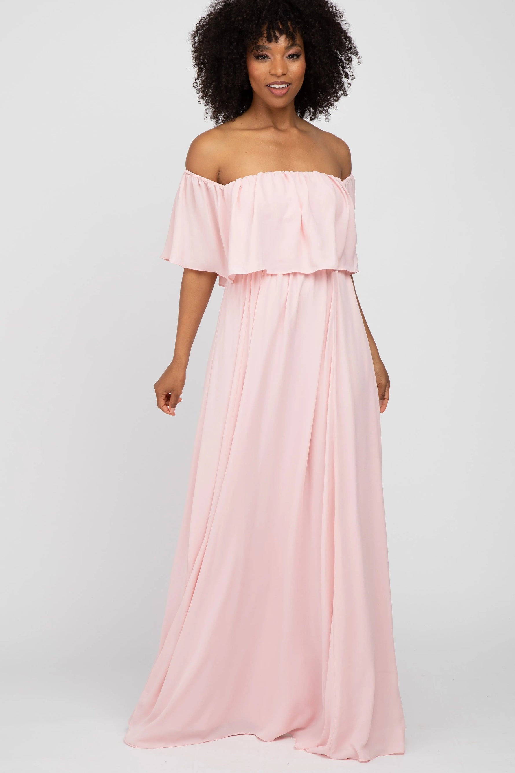 PinkBlush Light Pink Chiffon Off Shoulder Gown - 