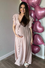 PinkBlush Light Pink Deep V - Neck Button Down Maternity Maxi Dress - 