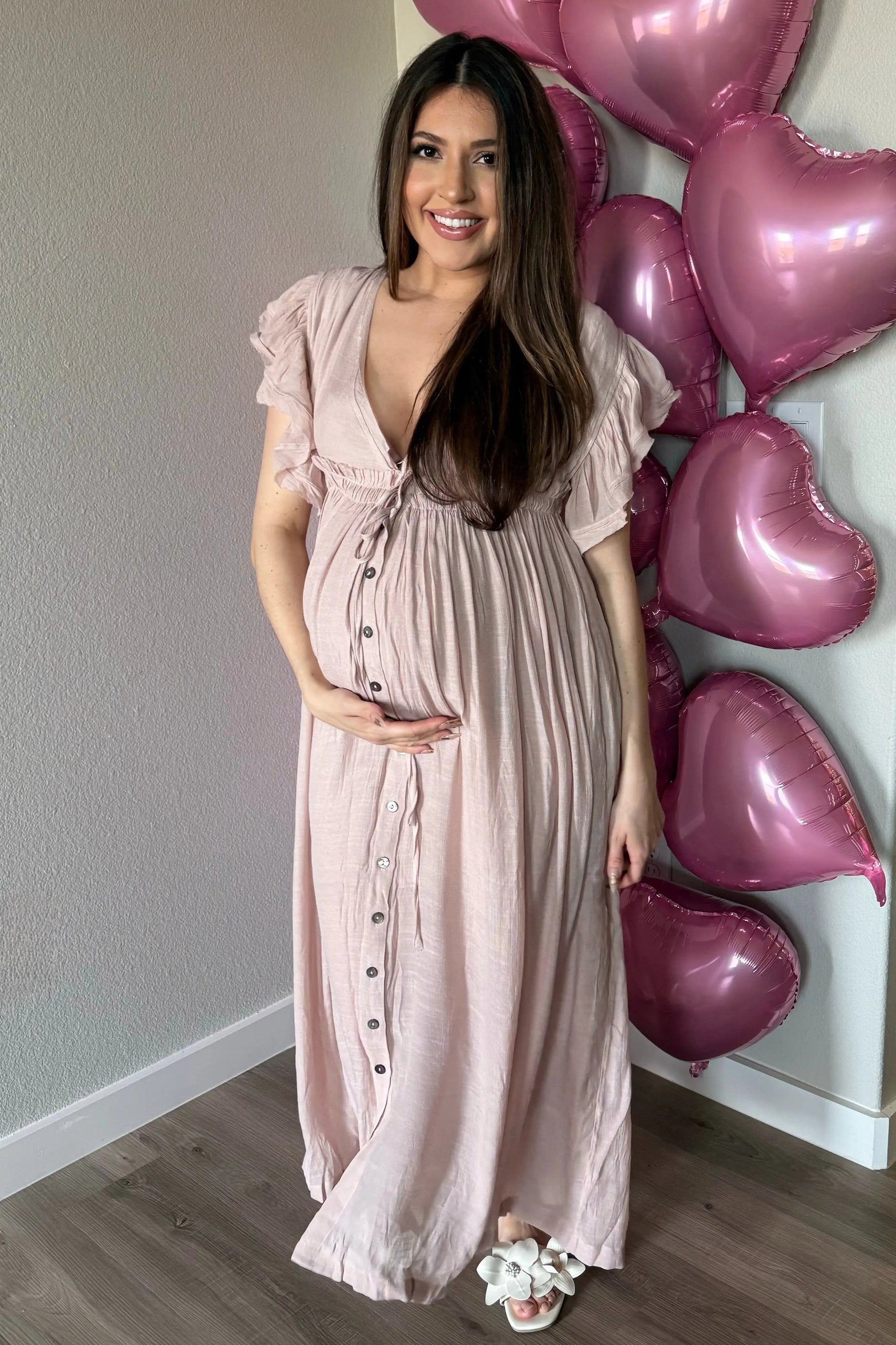 PinkBlush Light Pink Deep V - Neck Button Down Maternity Maxi Dress - 