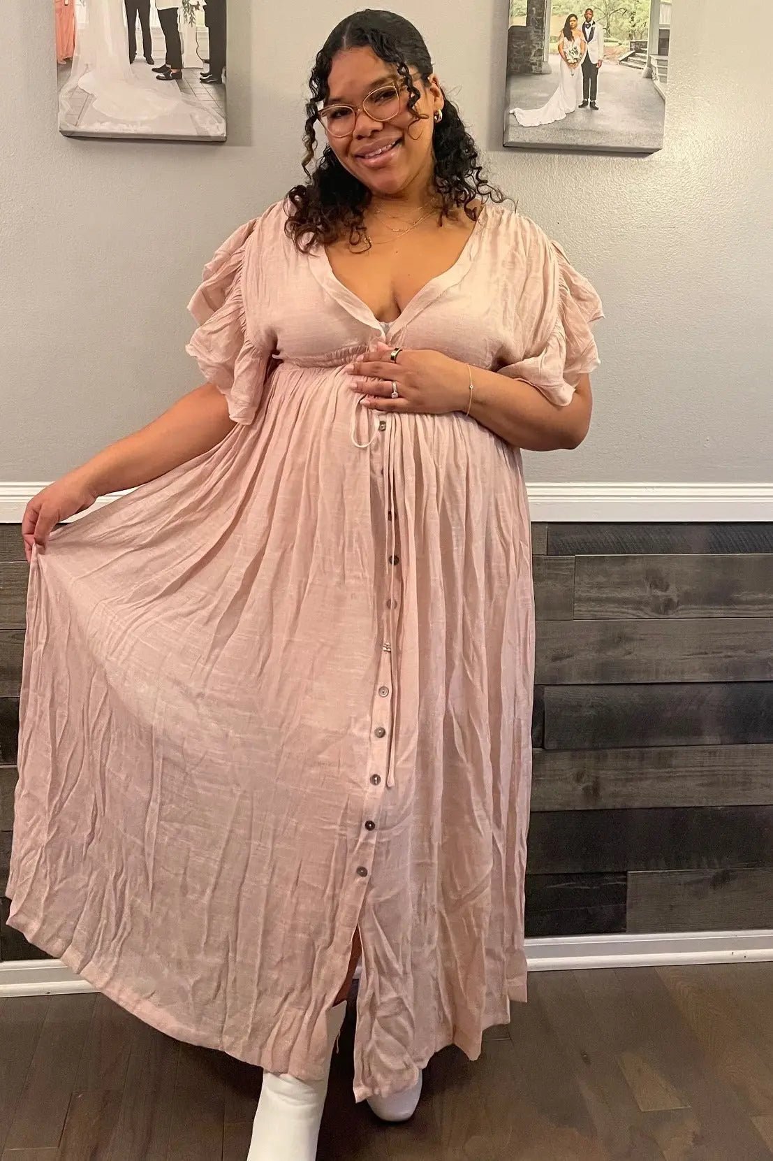 PinkBlush Light Pink Deep V - Neck Button Down Maternity Maxi Dress - 