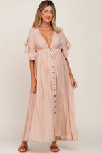 Light Pink Deep V-Neck Button Down Maternity Maxi Dress - Pink, Dress, Brown hair, Day Dress, Gown | Everetts Place