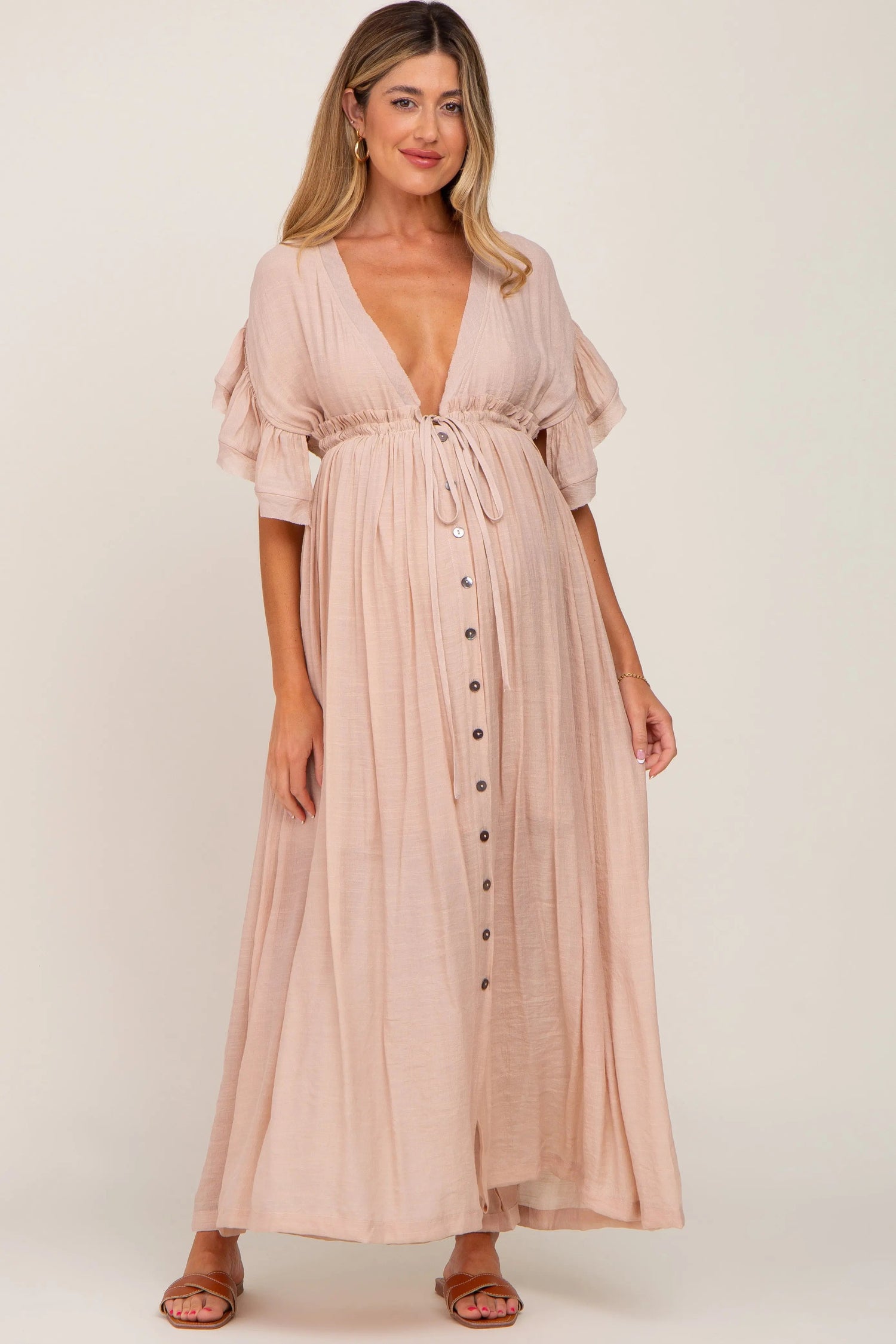 Light Pink Deep V-Neck Button Down Maternity Maxi Dress - Pink, Dress, Brown hair, Day Dress, Gown | Everetts Place