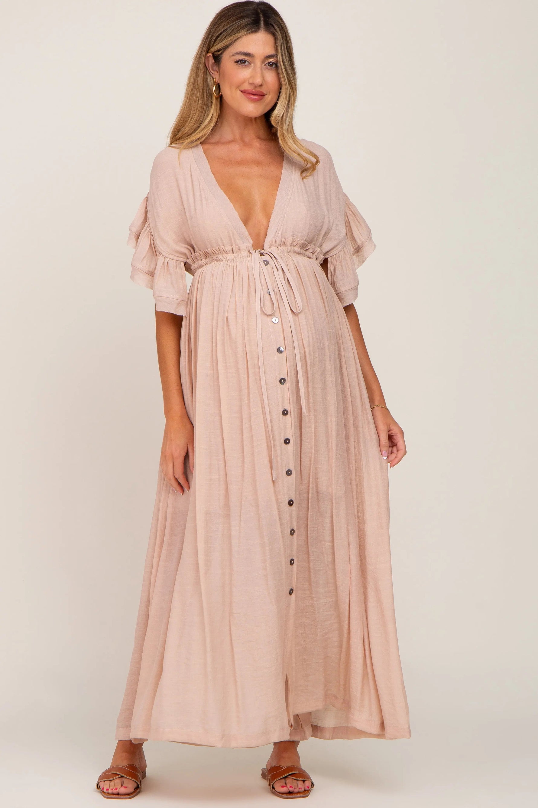 Light Pink Deep V-Neck Button Down Maternity Maxi Dress - Pink, Dress, Brown hair, Day Dress, Gown | Everetts Place