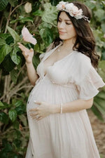 PinkBlush Light Pink Deep V - Neck Button Down Maternity Maxi Dress - 