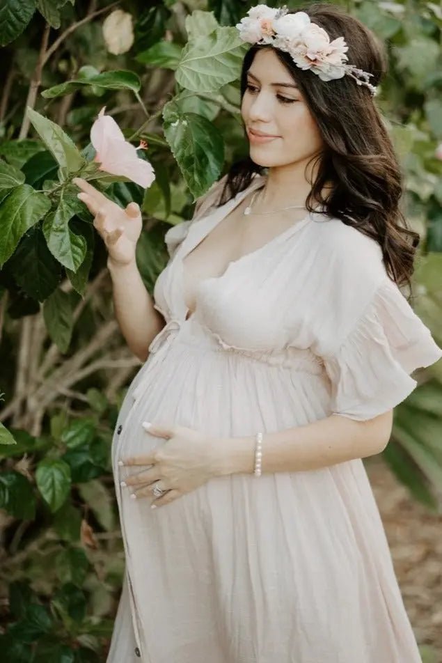 PinkBlush Light Pink Deep V - Neck Button Down Maternity Maxi Dress - 