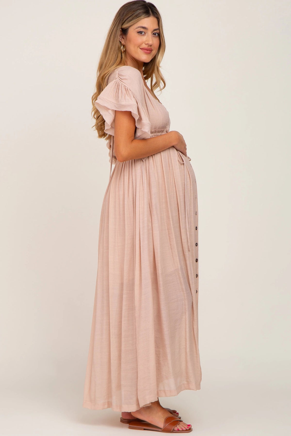 PinkBlush Light Pink Deep V - Neck Button Down Maternity Maxi Dress - 
