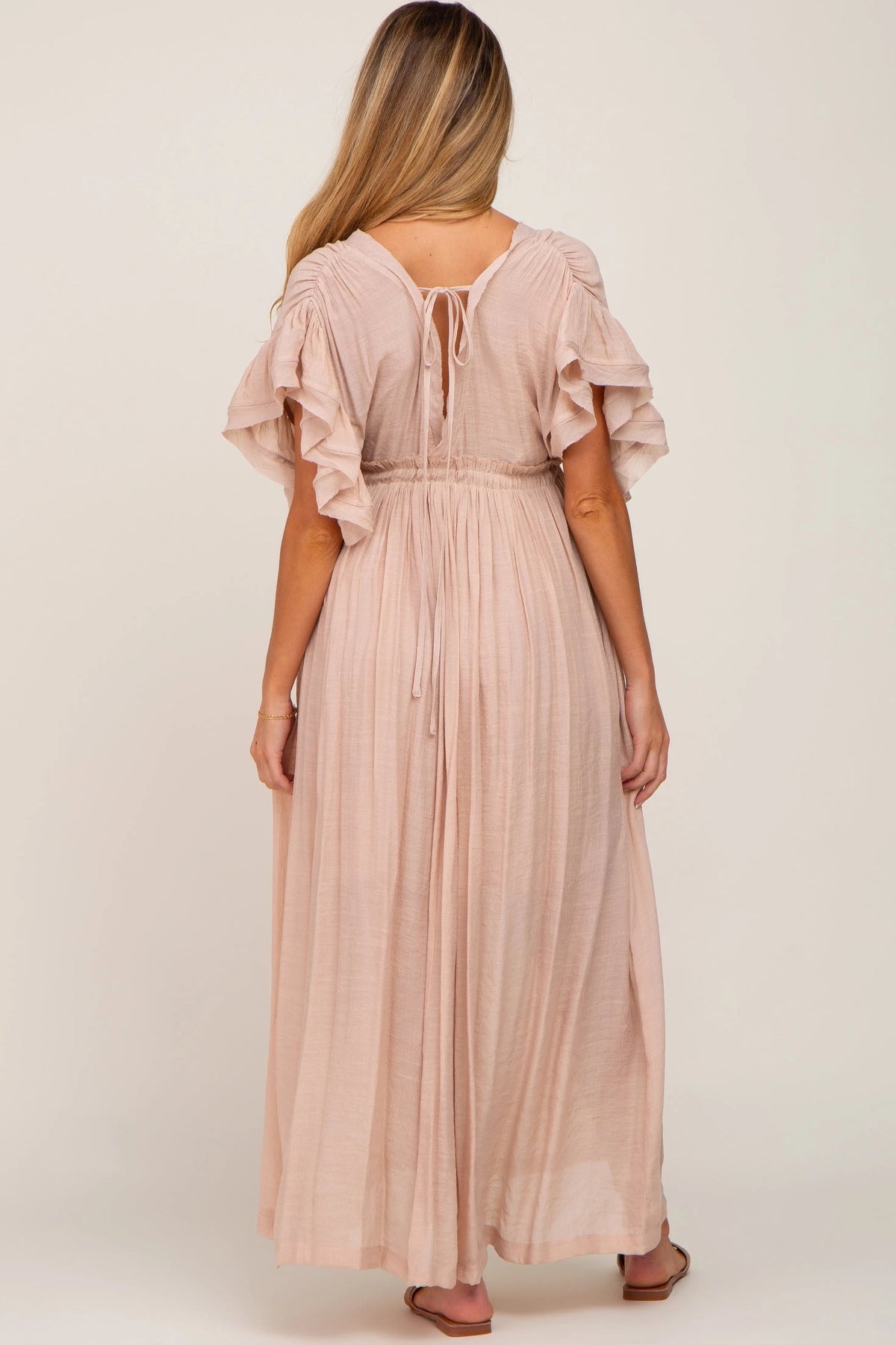 PinkBlush Light Pink Deep V - Neck Button Down Maternity Maxi Dress - 