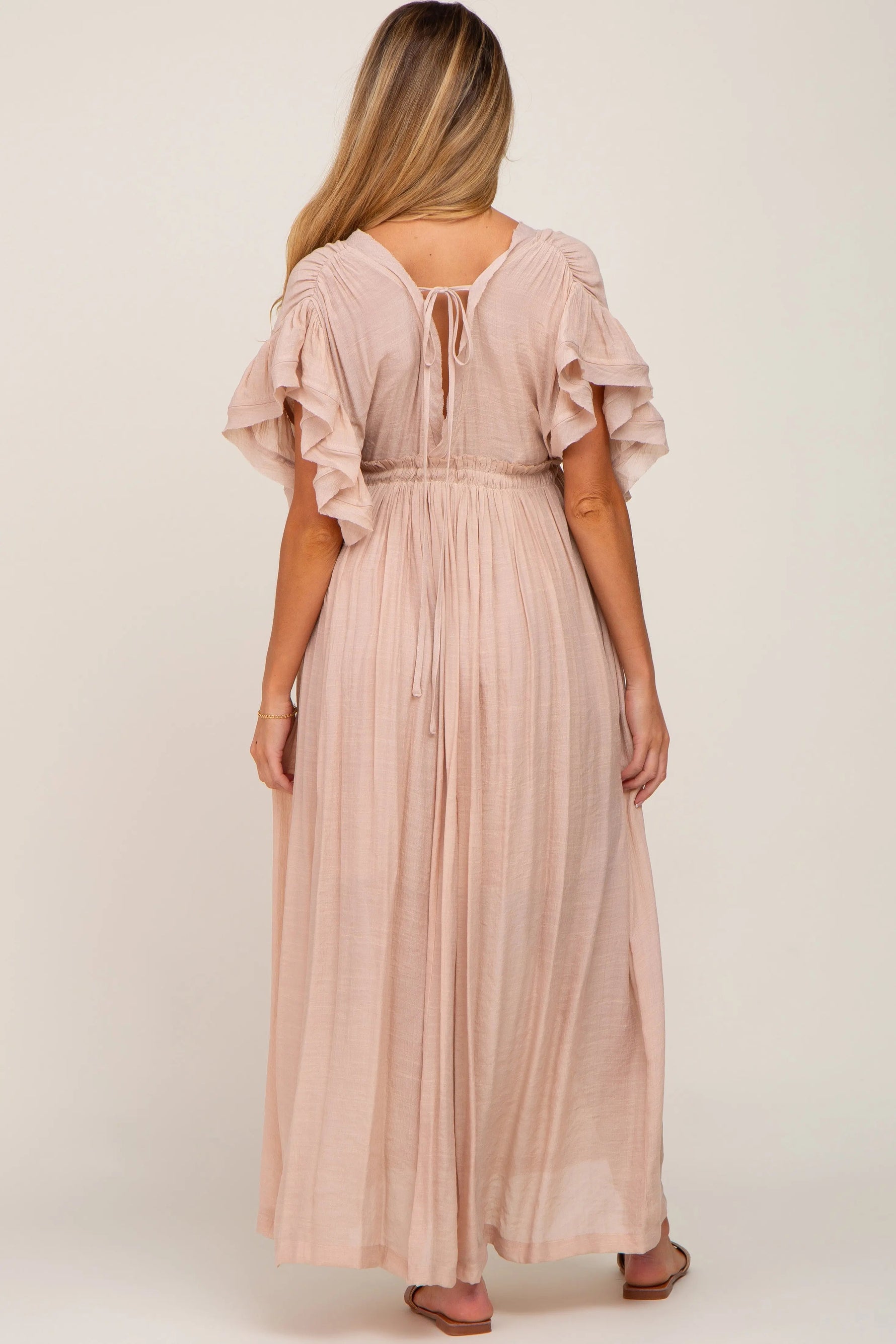 PinkBlush Light Pink Deep V - Neck Button Down Maternity Maxi Dress - 