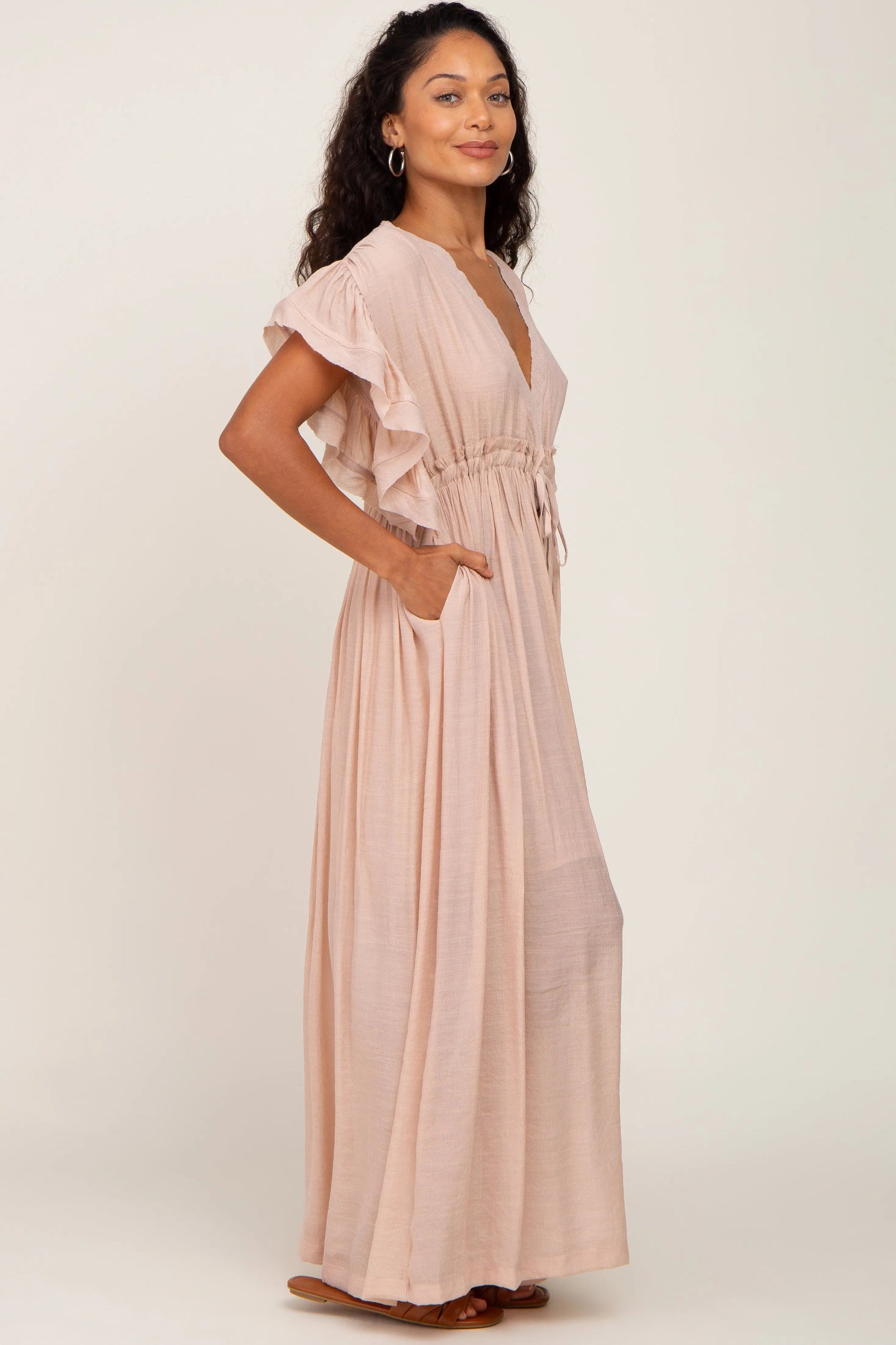 PinkBlush Light Pink Deep V - Neck Button Down Maxi Dress - 