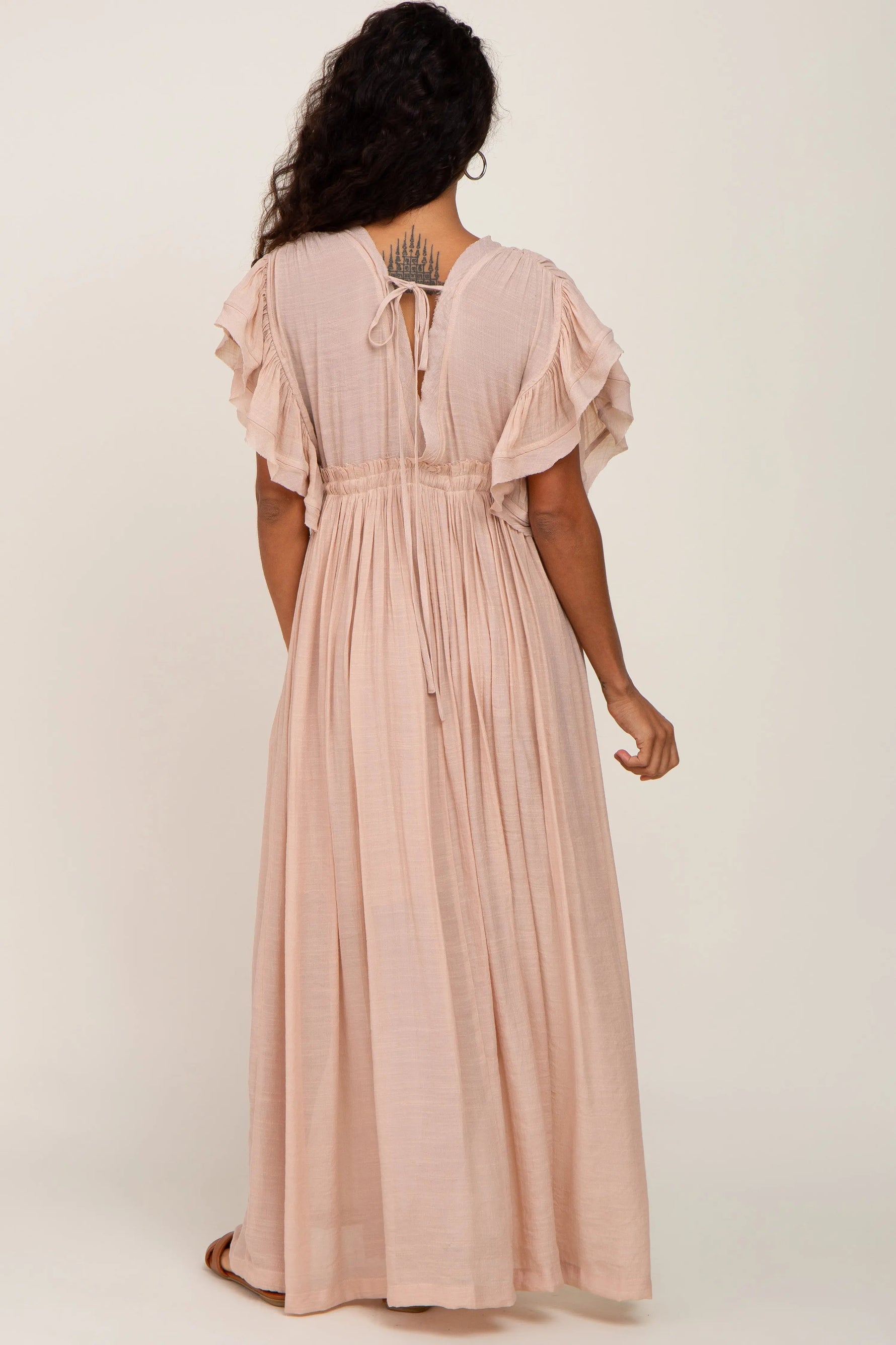 PinkBlush Light Pink Deep V - Neck Button Down Maxi Dress - 