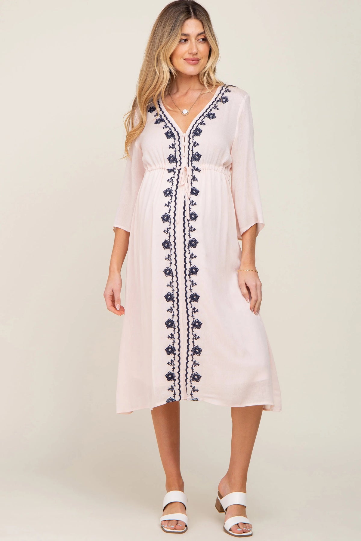 PinkBlush Light Pink Floral Embroidered 3/4 Sleeve Maternity Midi Dress - 