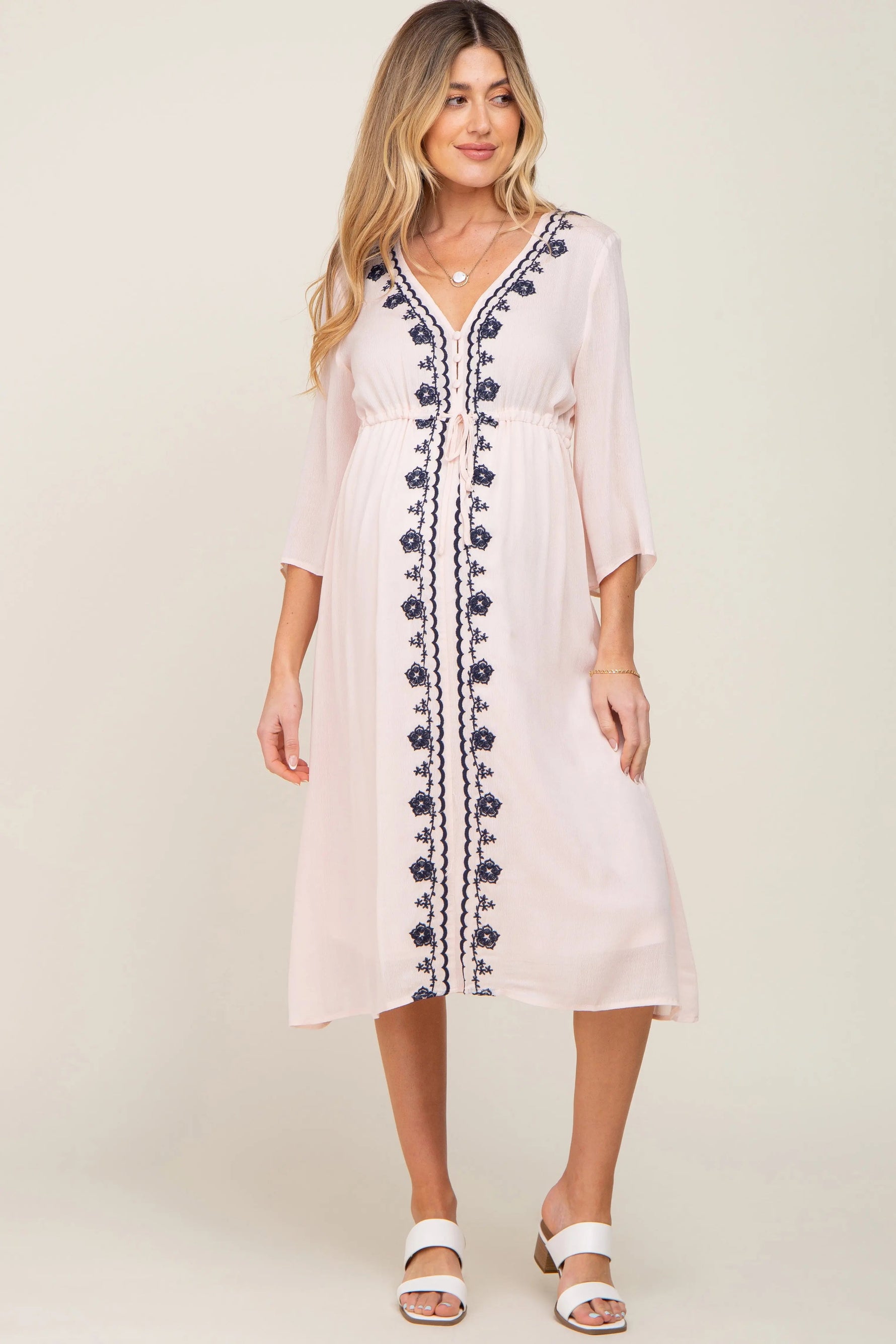 PinkBlush Light Pink Floral Embroidered 3/4 Sleeve Maternity Midi Dress - 