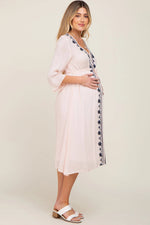 PinkBlush Light Pink Floral Embroidered 3/4 Sleeve Maternity Midi Dress - 