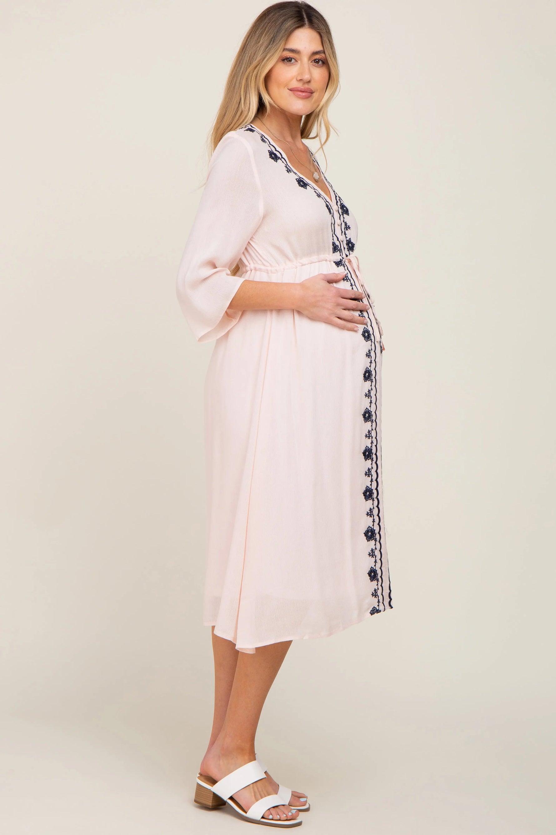 PinkBlush Light Pink Floral Embroidered 3/4 Sleeve Maternity Midi Dress - 
