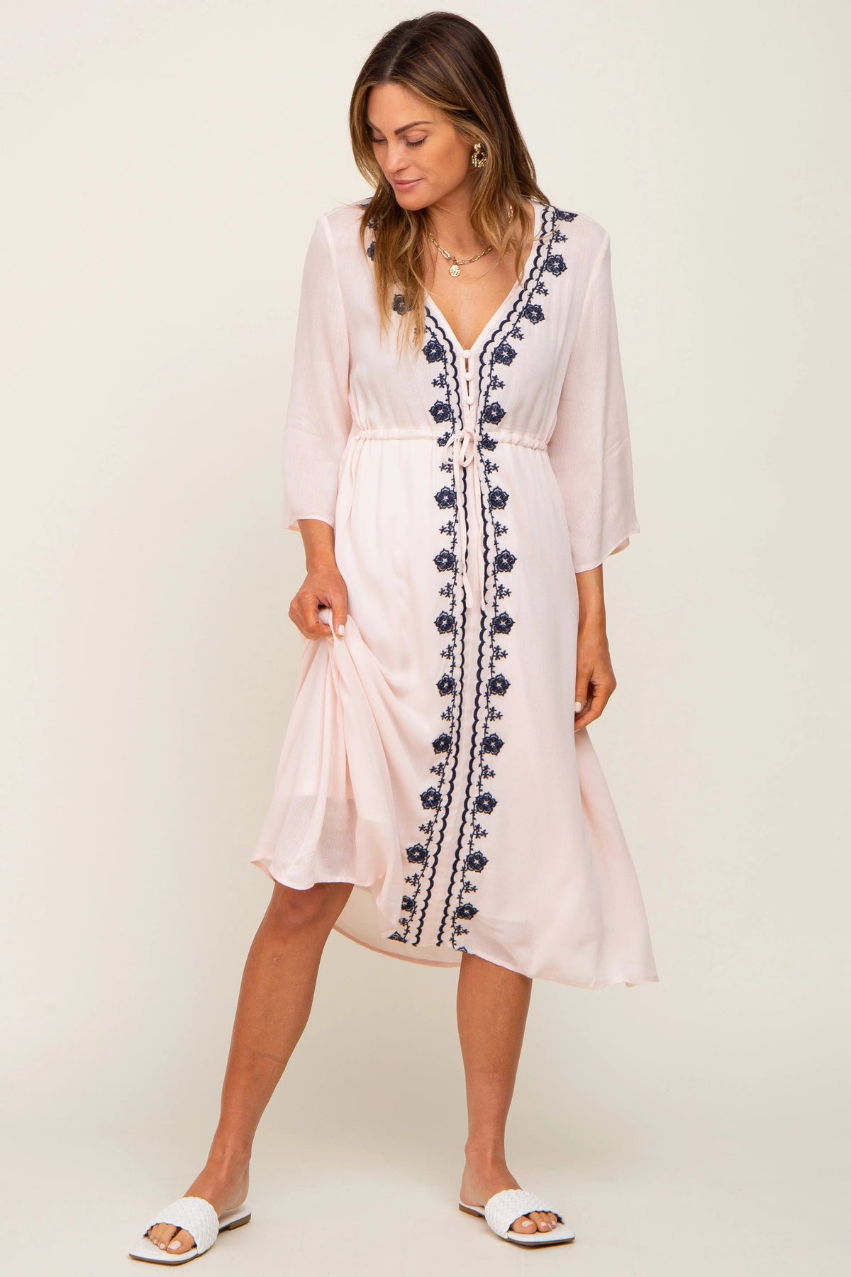 PinkBlush Light Pink Floral Embroidered 3/4 Sleeve Maternity Midi Dress - 