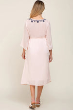 PinkBlush Light Pink Floral Embroidered 3/4 Sleeve Maternity Midi Dress - 