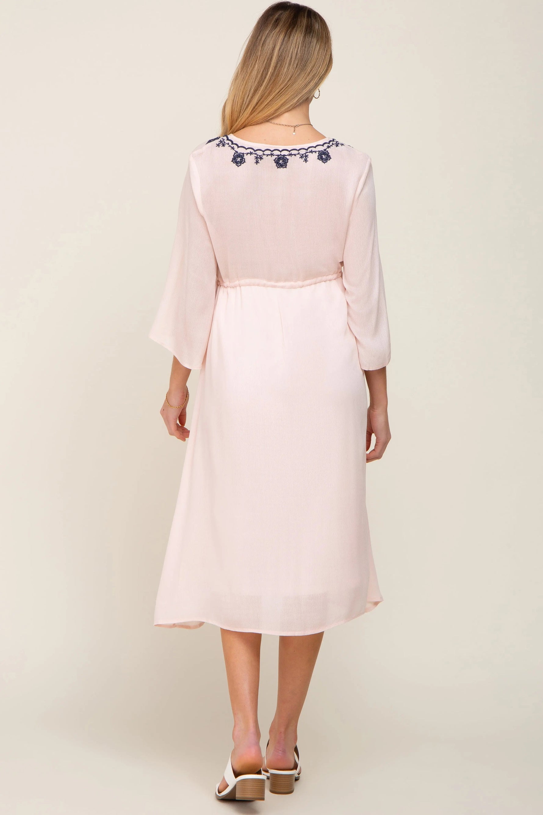 PinkBlush Light Pink Floral Embroidered 3/4 Sleeve Maternity Midi Dress - 