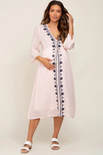 PinkBlush Light Pink Floral Embroidered 3/4 Sleeve Maternity Midi Dress - 