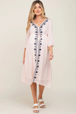 PinkBlush Light Pink Floral Embroidered 3/4 Sleeve Maternity Midi Dress - 