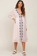 PinkBlush Light Pink Floral Embroidered 3/4 Sleeve Maternity Midi Dress - 