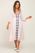 PinkBlush Light Pink Floral Embroidered 3/4 Sleeve Midi Dress - 