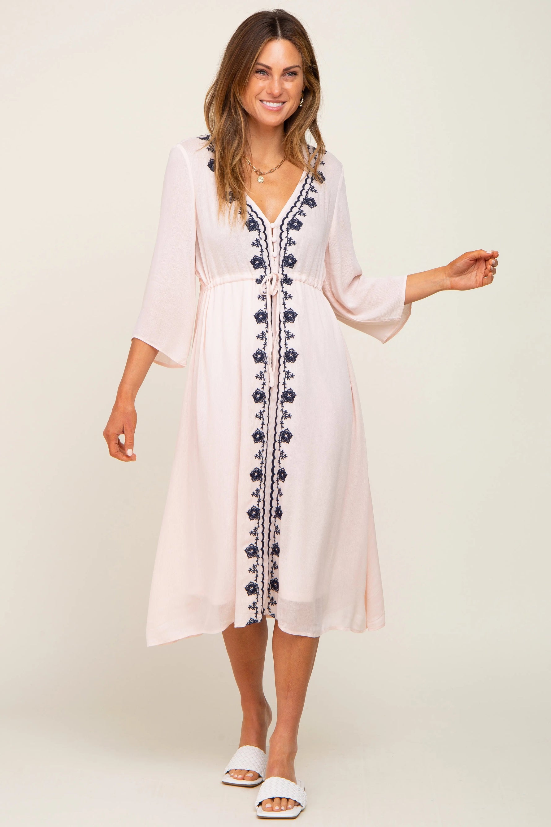 PinkBlush Light Pink Floral Embroidered 3/4 Sleeve Midi Dress - 
