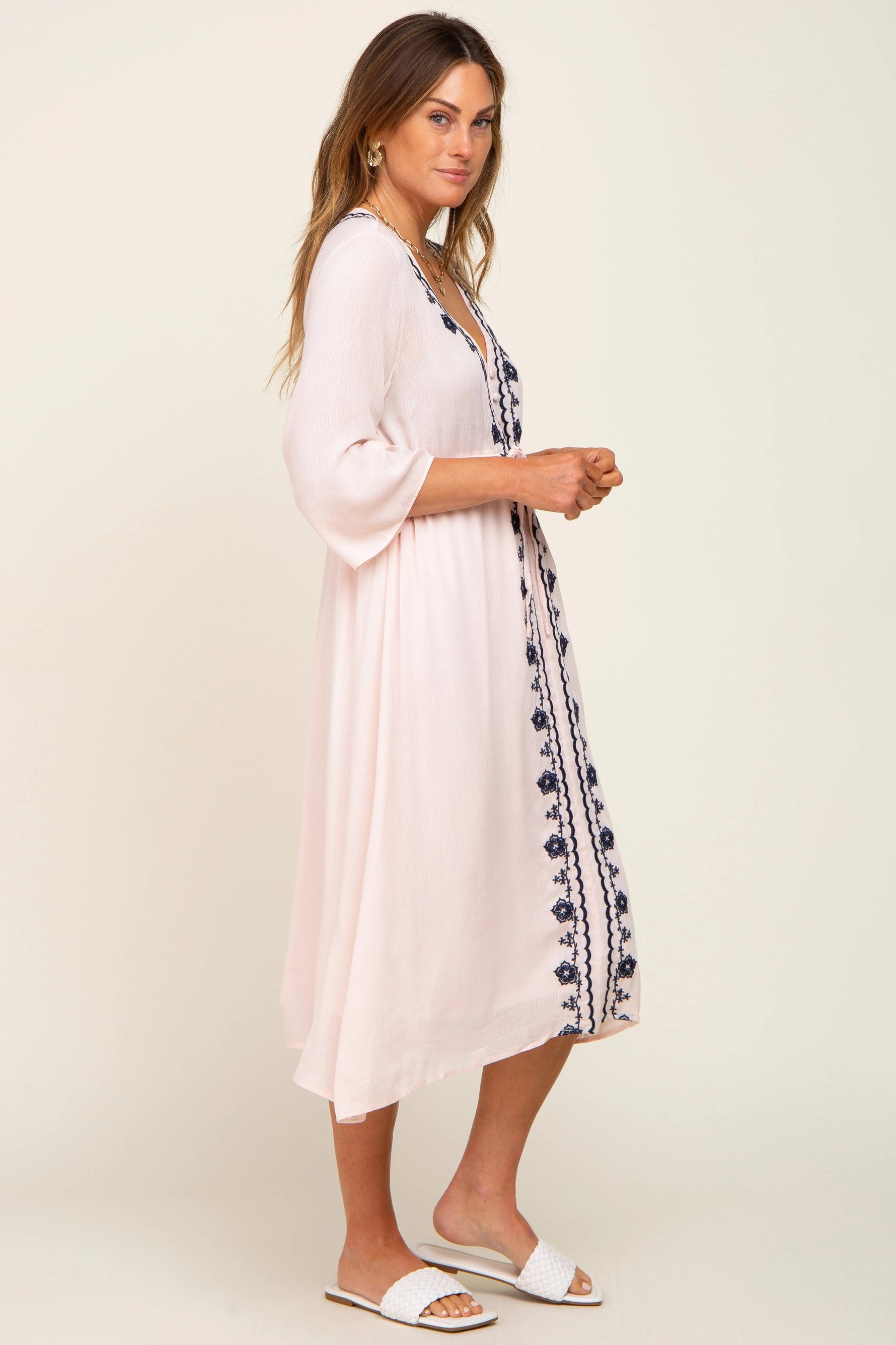 PinkBlush Light Pink Floral Embroidered 3/4 Sleeve Midi Dress - 