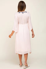 PinkBlush Light Pink Floral Embroidered 3/4 Sleeve Midi Dress - 