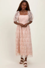PinkBlush Light Pink Floral Mesh Overlay Tie Back Midi Dress - 