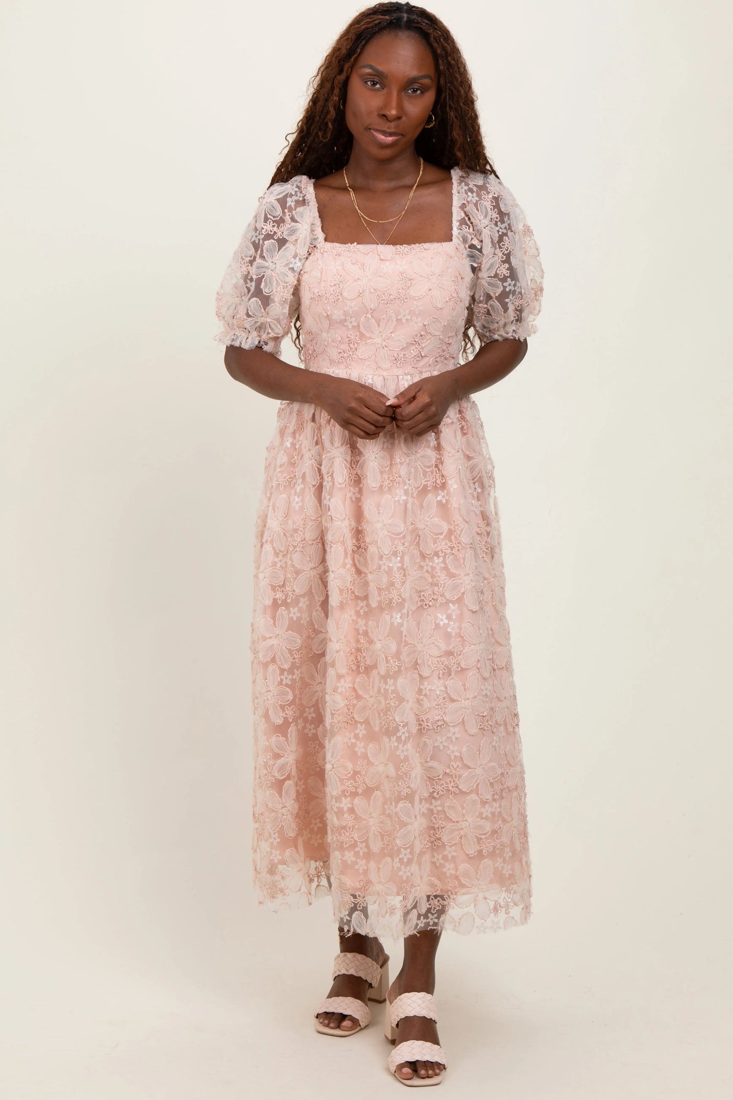 PinkBlush Light Pink Floral Mesh Overlay Tie Back Midi Dress - 