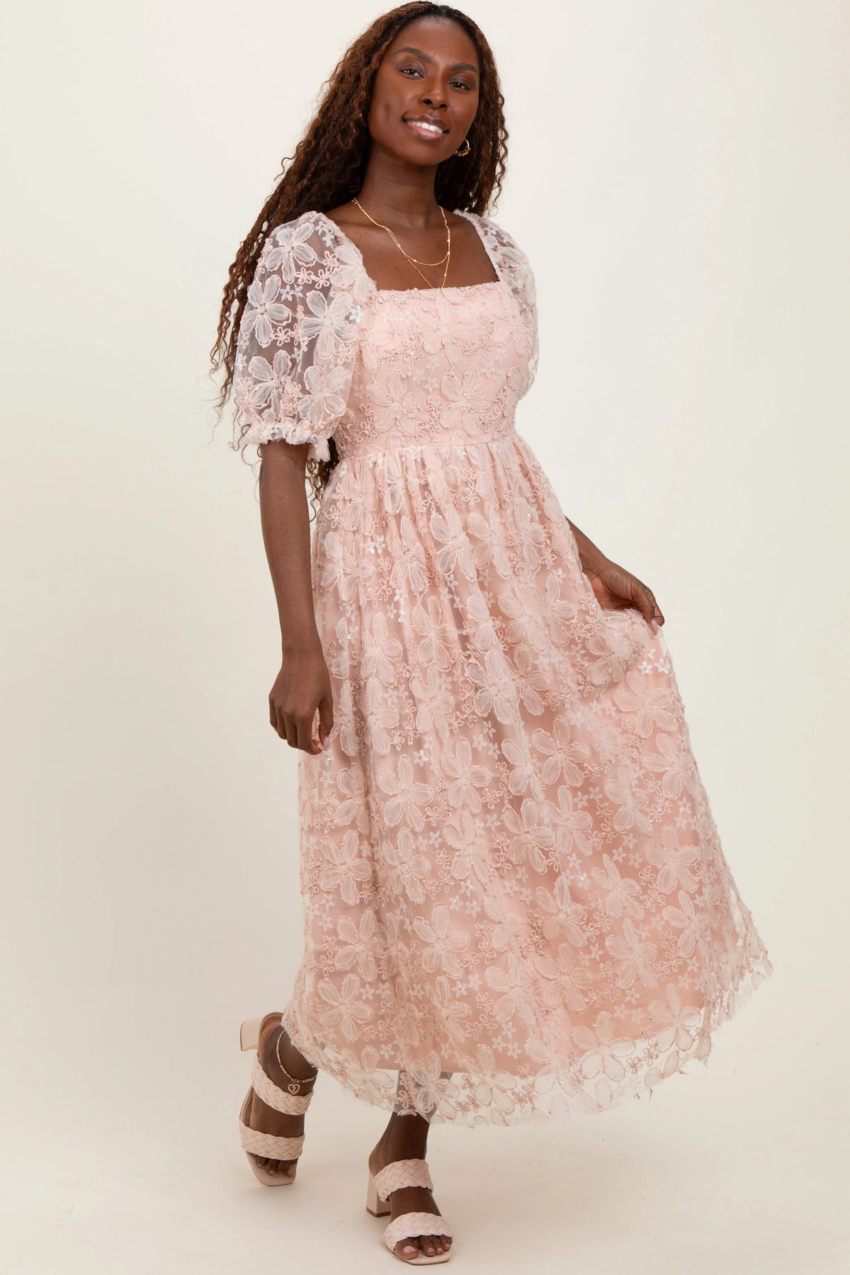 PinkBlush Light Pink Floral Mesh Overlay Tie Back Midi Dress - 