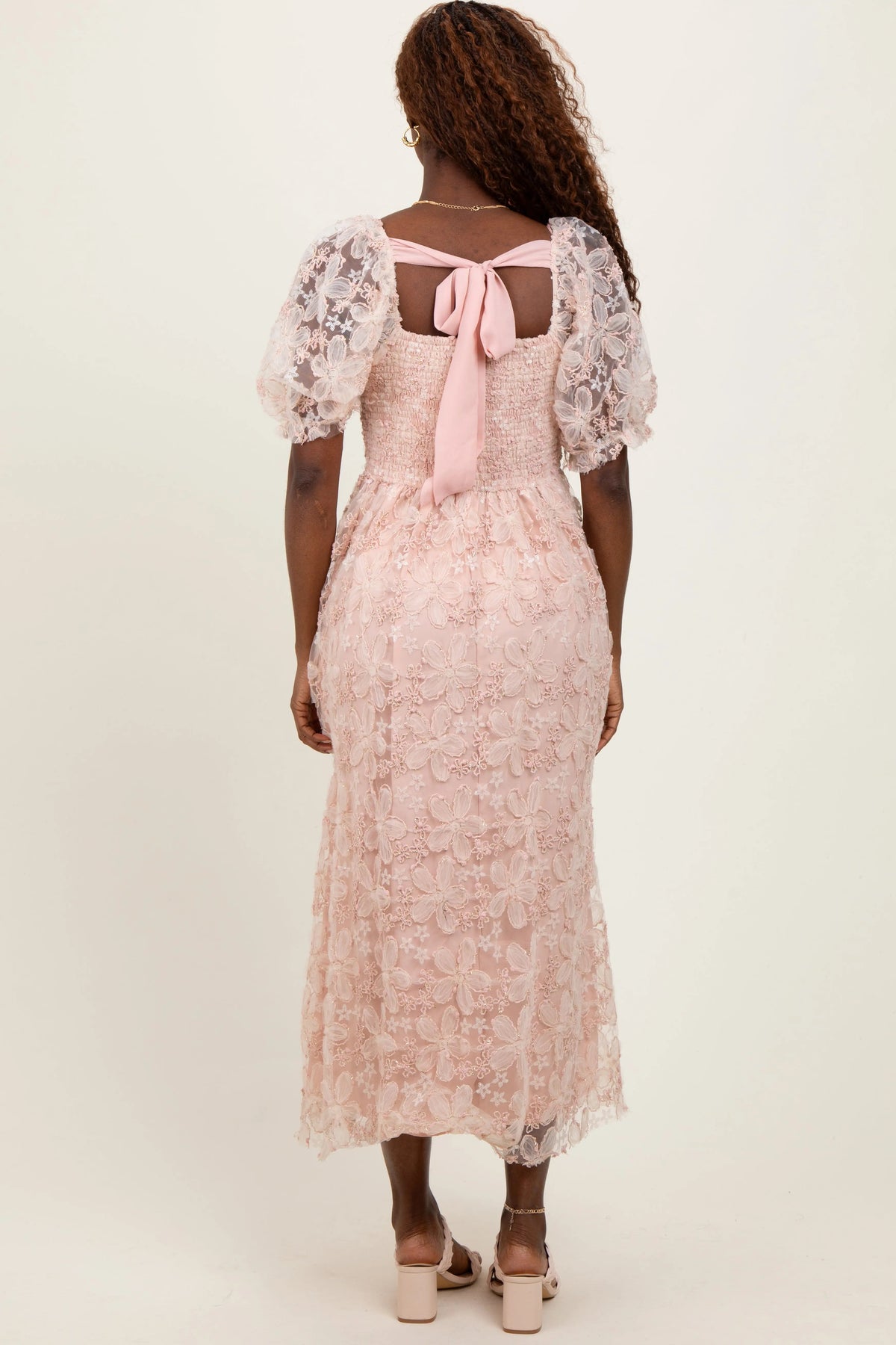 PinkBlush Light Pink Floral Mesh Overlay Tie Back Midi Dress - 