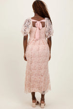 PinkBlush Light Pink Floral Mesh Overlay Tie Back Midi Dress - 