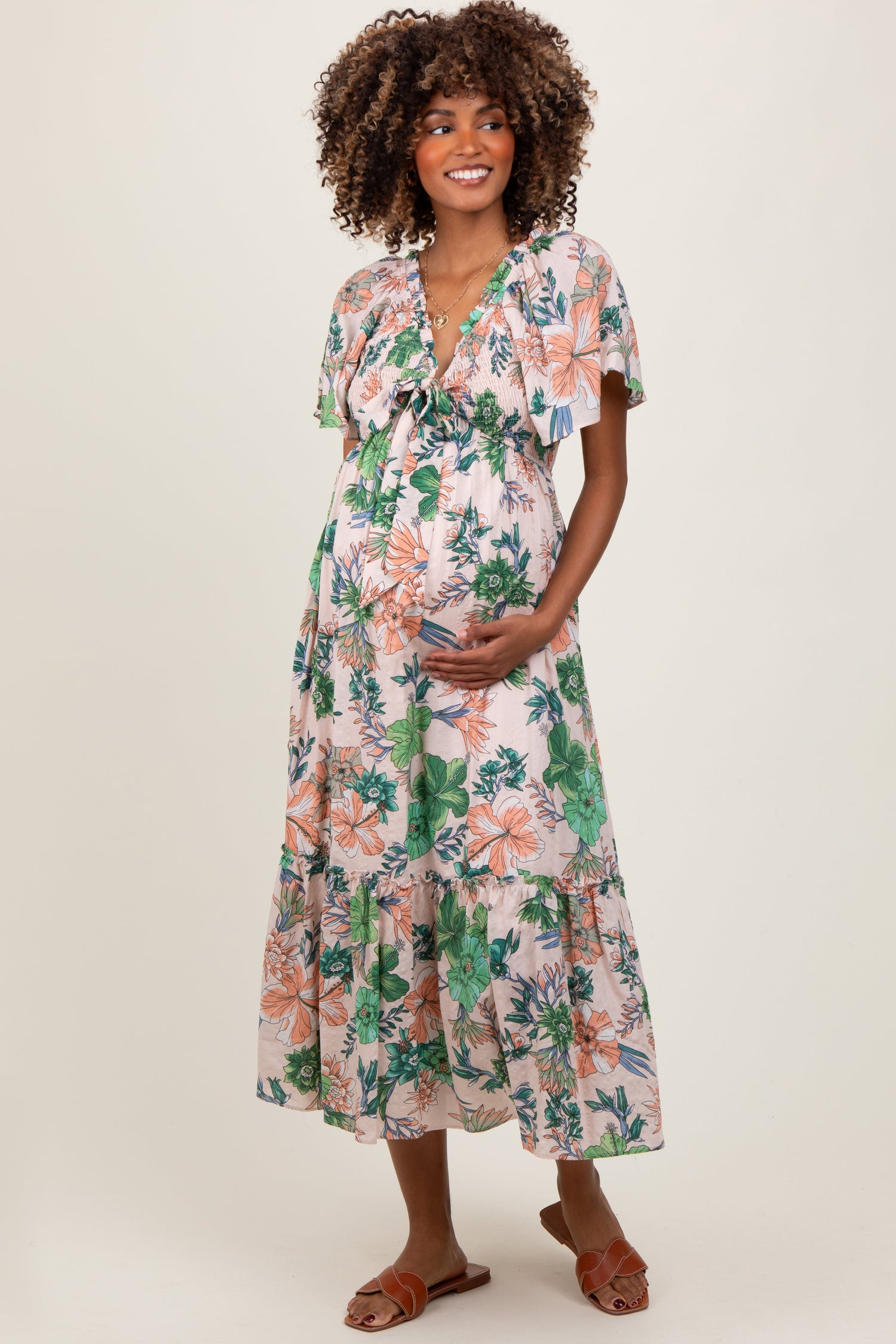 PinkBlush Light Pink Floral Print Woven Maternity Midi Dress